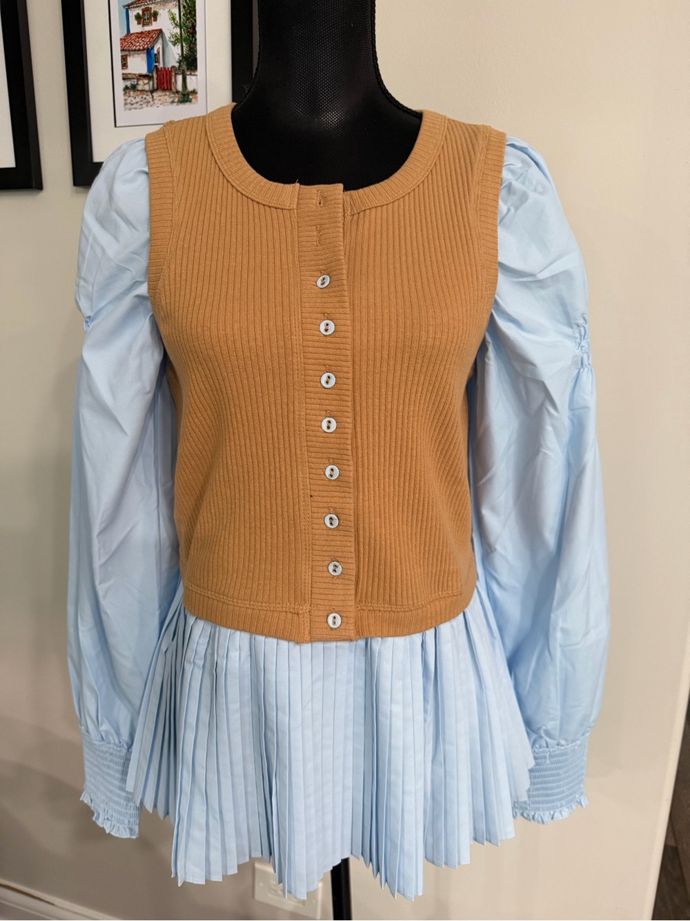 Anthropologie Women’s Ribbed Button-Front Pleated Light Blue Blouse M - Picture 1 of 12